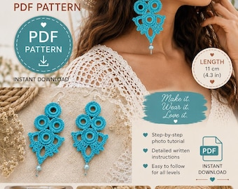 Crochet Earrings PDF Pattern, Cotton Dangle Earrings Tutorial (Digital Download)