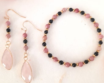 Set of 2 Rhodonite Bracelet, Earrings,Boho jewelry,Rhodonite earrings,Stone earrings,Beaded Bracelet,Handmade Bracelet,Ethical Jewelry