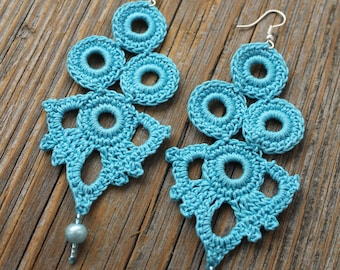 Crochet Pattern, Cotton EarringsTutorial Crochet, Easy Crochet, DIY Project,Digital Download,Dangle Drop Earrings, Blue Cotton Earrings