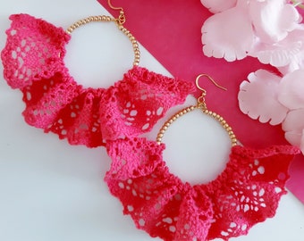Hoop earrings Pink earrings Lace earrings Pink hoop earrings Gift idea for women Long earrings  Gift for her,Women's chandelier earrings,