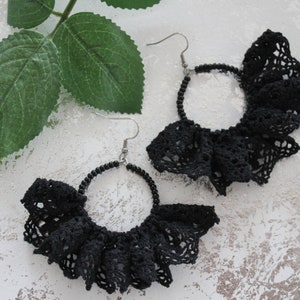 Hoop earrings Black earrings Lace earrings Black hoop earrings Gift idea for women Long earrings  Gift for her,Women&#39;s chandelier earrings,
