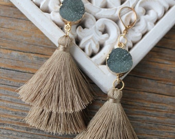 Druzy earring,Tassel earrings,Boho earrings,Silk tassel earrings,Long earrings,Statement earrings,Gift for herWomen's chandelier earrings