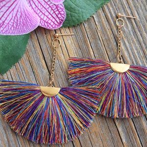 Earrings Silk tassel earrings,Tassel earrings,Large fringe earrings,Rainbow earrings,Long earrings,Boho earrings,Women's chandelier earrings zdjęcie 1