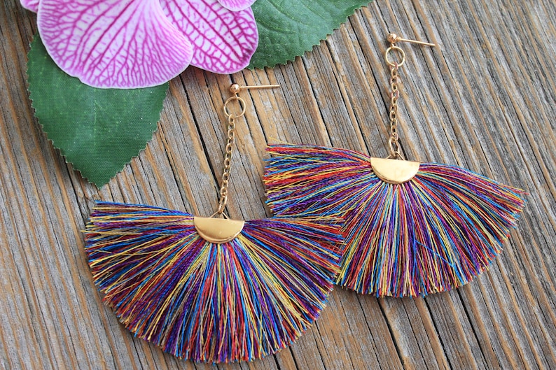 Earrings Silk tassel earrings,Tassel earrings,Large fringe earrings,Rainbow earrings,Long earrings,Boho earrings,Women's chandelier earrings zdjęcie 1