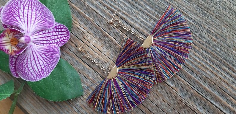 Earrings Silk tassel earrings,Tassel earrings,Large fringe earrings,Rainbow earrings,Long earrings,Boho earrings,Women's chandelier earrings zdjęcie 5