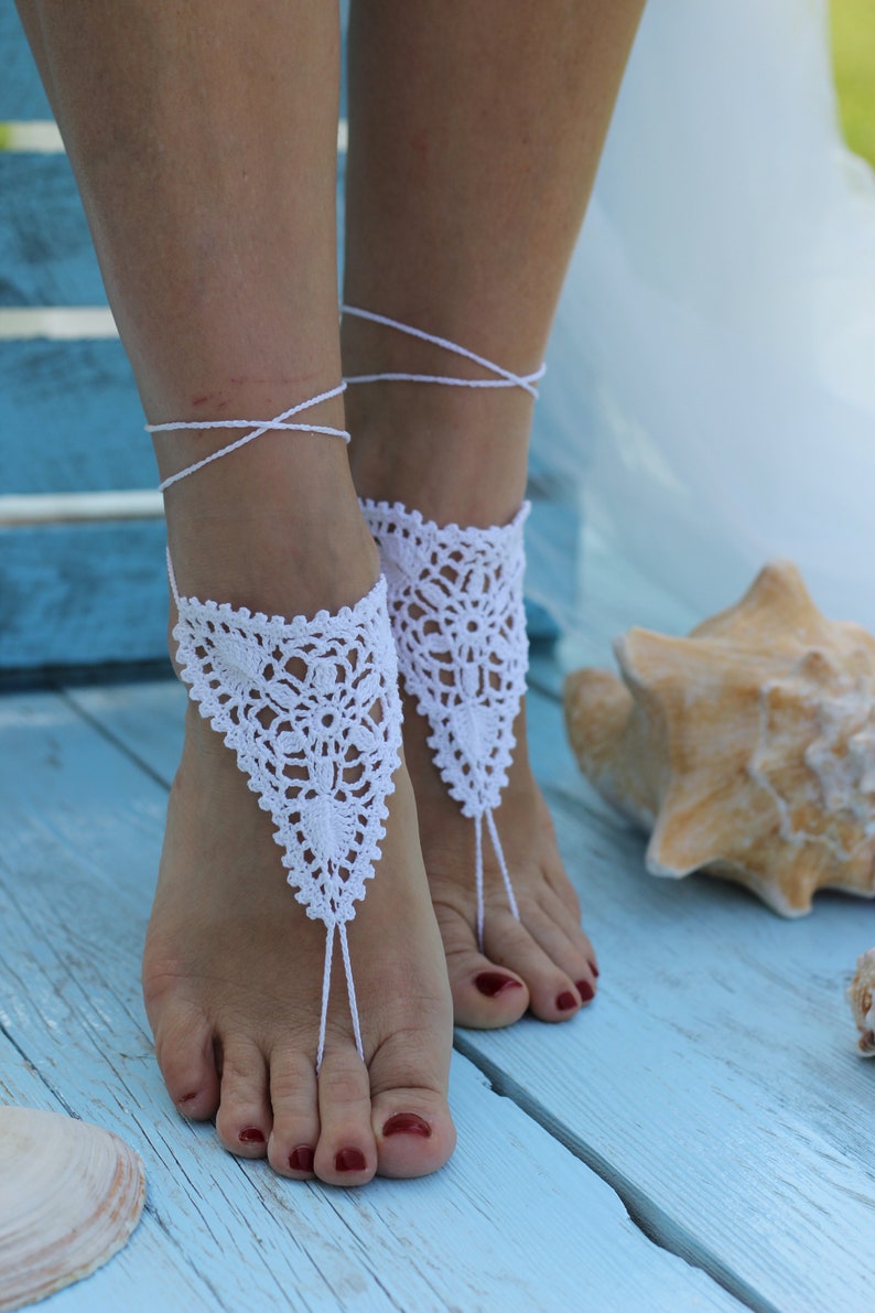 Bridal Barefoot Sandals White crochet barefoot sandals Bridal Foot jewelry Beach wedding barefoot sandals Lace shoes Beach wedding sandals image 6