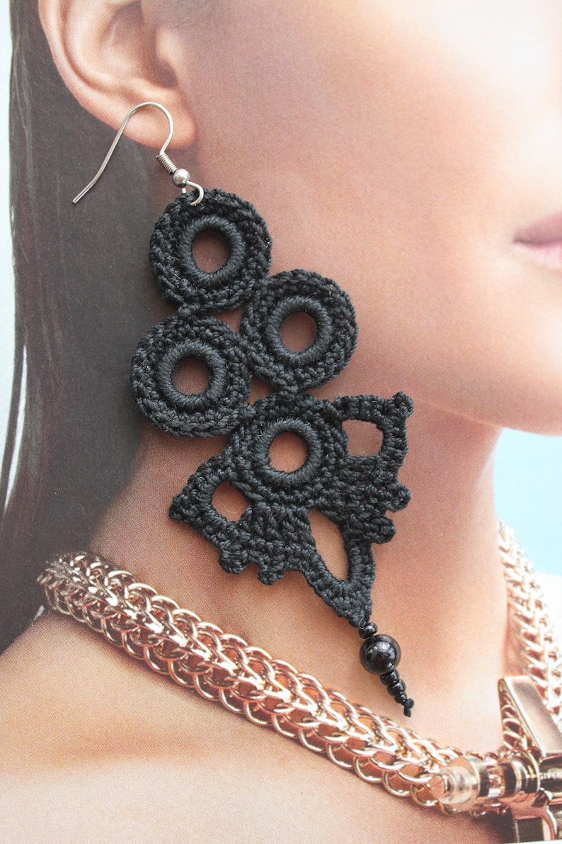 Black Earrings Black Crochet Earrings Gift Idea for Women Long Earrings Crochet Statement