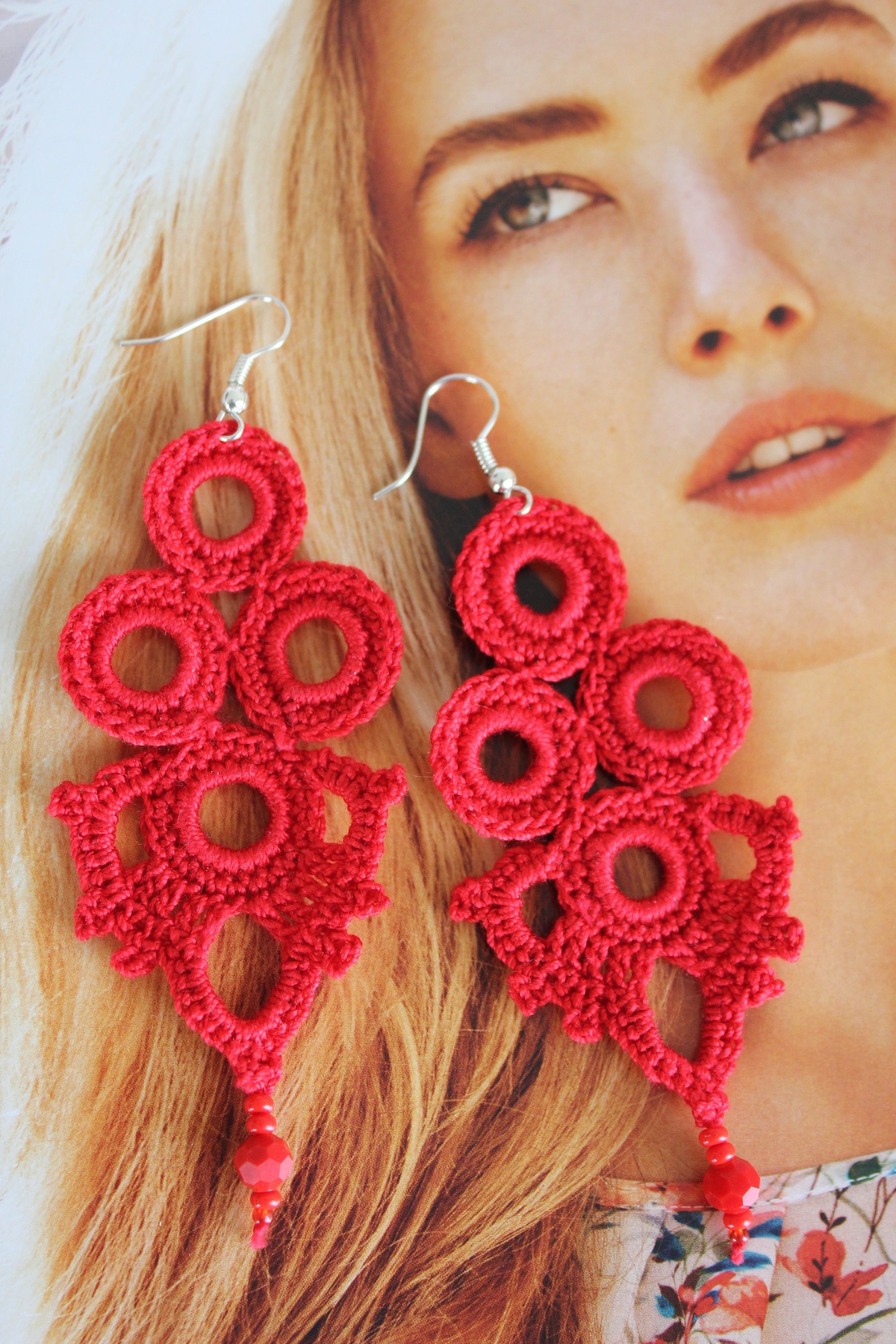 Red Earrings Red Crochet Earrings Gift Idea for Women Long Etsy