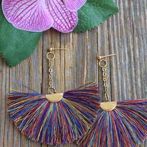 Earrings Silk tassel earrings,Tassel earrings,Large fringe earrings,Rainbow earrings,Long earrings,Boho earrings,Women's chandelier earrings zdjęcie 2