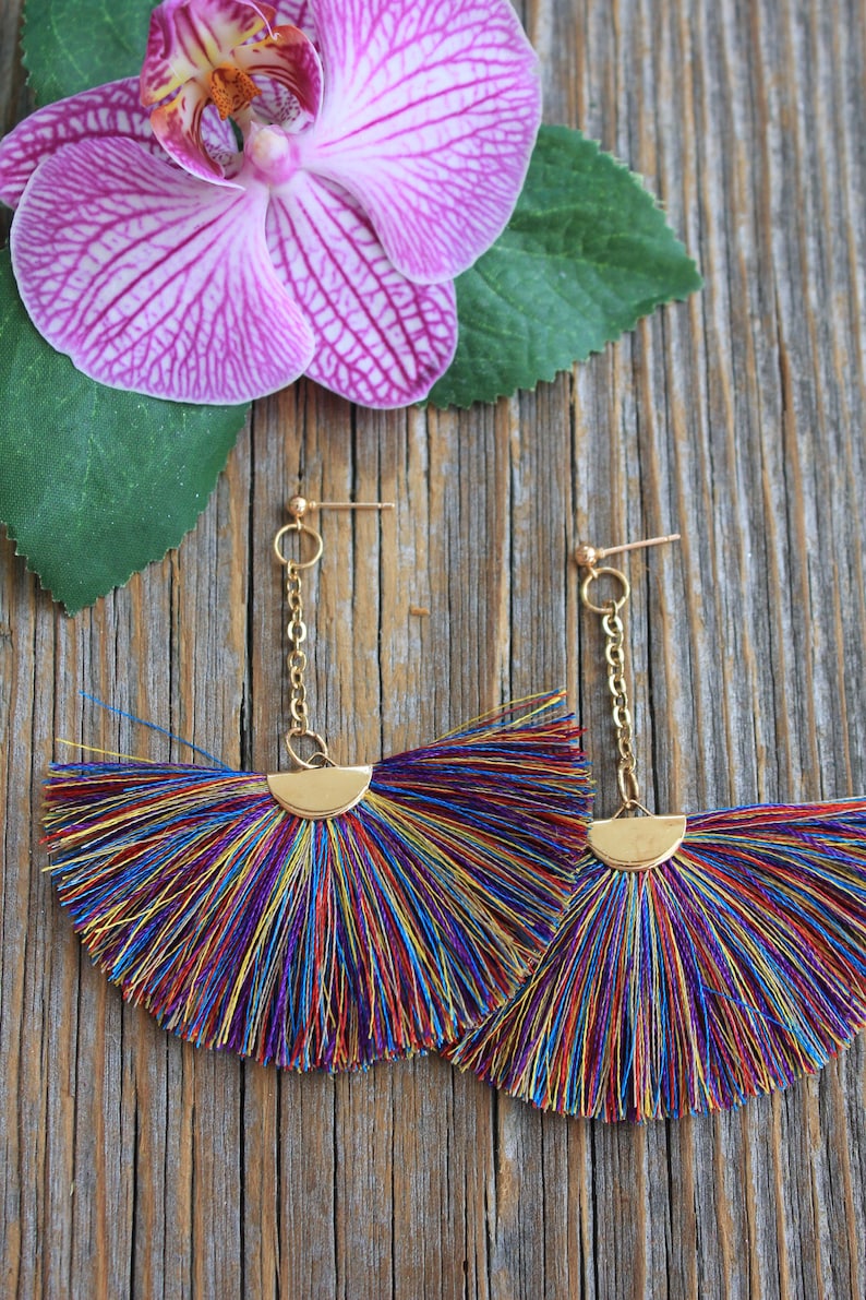 Earrings Silk tassel earrings,Tassel earrings,Large fringe earrings,Rainbow earrings,Long earrings,Boho earrings,Women's chandelier earrings zdjęcie 2