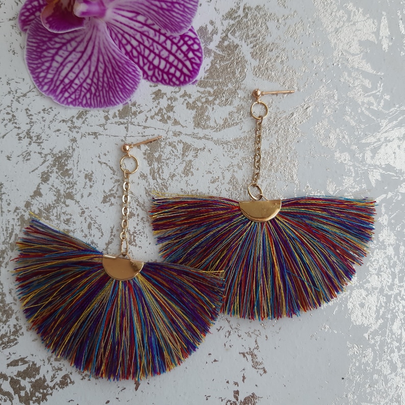 Earrings Silk tassel earrings,Tassel earrings,Large fringe earrings,Rainbow earrings,Long earrings,Boho earrings,Women's chandelier earrings zdjęcie 4