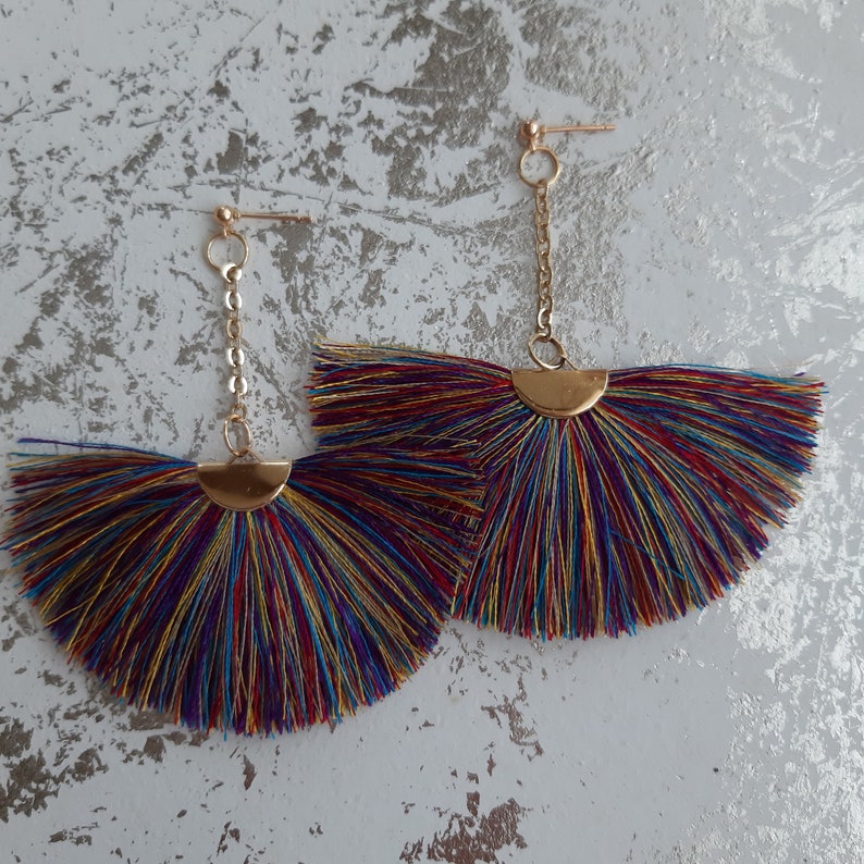 Earrings Silk tassel earrings,Tassel earrings,Large fringe earrings,Rainbow earrings,Long earrings,Boho earrings,Women's chandelier earrings zdjęcie 6