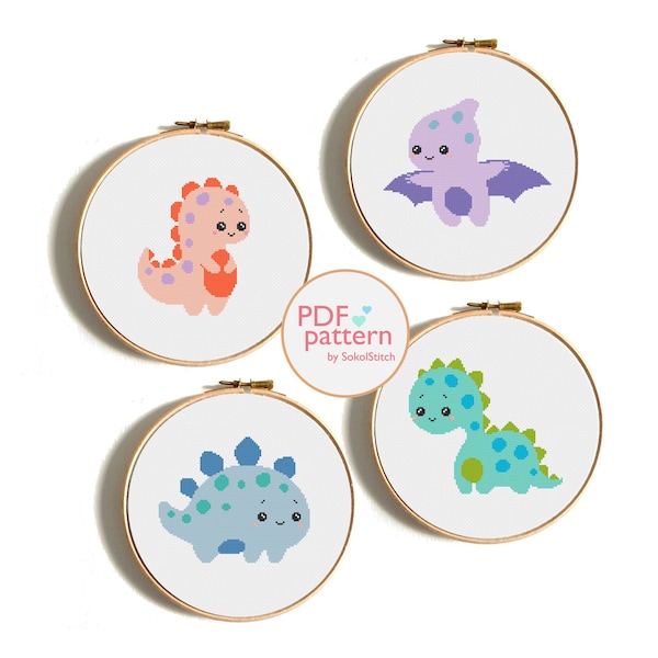 Cute baby dinosaurs cross stitch PDF Patterns, T Rex, Pterodactyl, Brontosaurus and Stegosaurus, Cross stitch embroidery for beginners