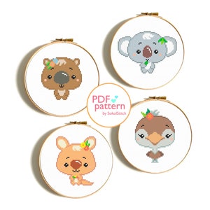 May include: Four embroidery patterns featuring cute cartoon animals: a koala, a wombat, a kangaroo, and an emu. Each animal is wearing a floral crown and holding a leaf. The patterns are in a circular frame with the text "PDF pattern by SokolStitch".