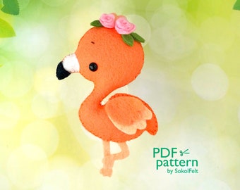 Cute flamingo felt toy PDF and SVG pattern, Plush bird toy sewing tutorial, Baby crib mobile toy
