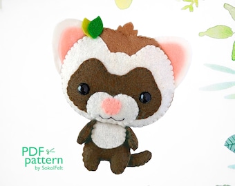 Baby Ferret felt toy sewing PDF and SVG patterns, Felt woodland animal plush doll sewing tutorial, baby crib mobile toy