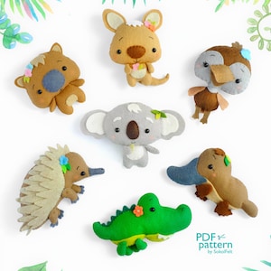 Australian animals felt toy PDF and SVG patterns, Felt animals, Baby mobile plush pattern, Koala, Kangaroo, Echidna, Crocodile, Platypus