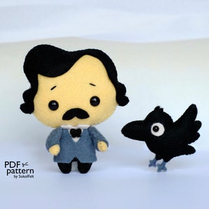 May include: A felt plush toy of a man with a mustache and a black crow. The man is wearing a blue suit with a white shirt and a black bow tie. The crow is black with a white eye. The text "PDF pattern by SokolFelt" is in the lower left corner of the image.