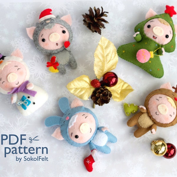 Jeu de 5 jouets en feutre de Noël pour cochon à coudre, motifs PDF et SVG, ensemble d'ornements de cochon, modèle de porcelet pour mobile de lit de bébé, décorations de cochon de Noël