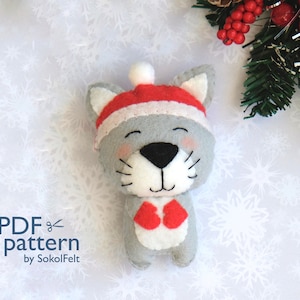 Felt Christmas Cat toy sewing PDF pattern, Felt cat in the hat ornament, Christmas cat ornament, baby crib mobile toy