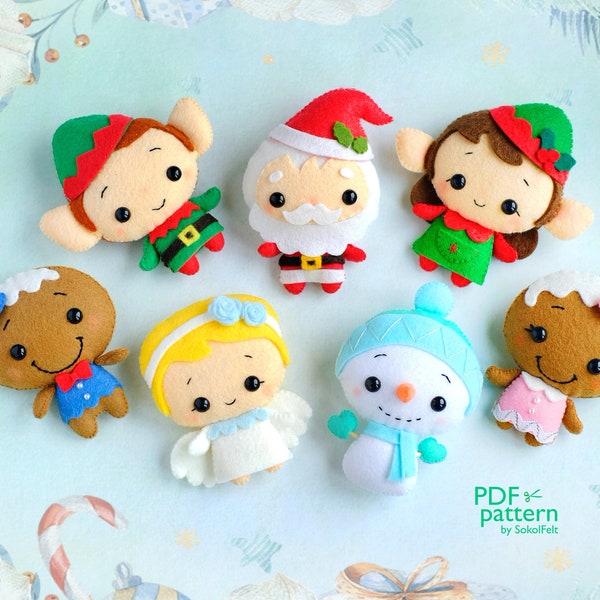 Ensemble de 7 jouets de Noël en feutre à coudre modèles PDF et SVG, père Noël, ange, elfe garçon et fille, bonhomme de neige, M. et Mme pain d'épice, mobile pour bébé en feutre
