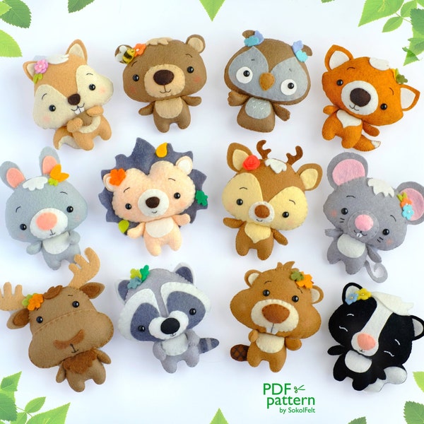 Set of 12 cute woodland animal felt toy sewing PDF and SVG patterns, Squirrel, Raccoon, Fox, Skunk, Bear, Hedgehog, Deer, Rabbit, Beaver