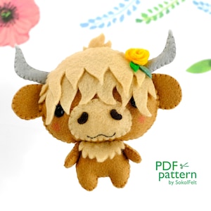 Highland cow felt toy sewing PDF and SVG patterns, Cute farm animal, Felt calf digital instant download tutorial, Baby crib mobile toy