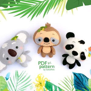 Koala, Sloth and Panda felt toys, Set of PDF and SVG patterns, Woodland animal plush toys, baby crib mobile toy