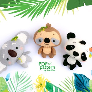Op de afbeelding: Een set van drie pluche dierenpatronen van vilt: een koala, een luiaard en een panda. De patronen zijn beschikbaar als PDF-download. De tekst "PDF pattern by SokolFelt" is onder de speelgoed gedrukt.