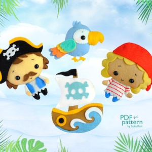 Puede incluir: Un conjunto de patrones de manualidades de fieltro con un pirata, un barco pirata, un loro y una niña pirata. El patrón es para descargar en PDF y es de SokolFelt.