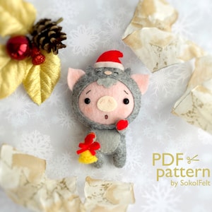 Christmas pig toy sewing PDF Pattern, Felt Christmas piglet in a kitty costume ornament, Christmas tree toy, Baby crib mobile toy
