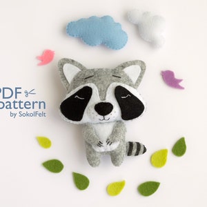 Felt raccoon toy sewing PDF pattern, Felt woodland animal pattern, baby crib mobile toy, felt raccoon ornament