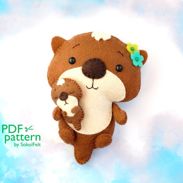 Otter with baby felt toy PDF and SVG sewing PDF pattern, Mother's Day gift, Valentine's Day gift, Otter with heart, baby crib mobile toy