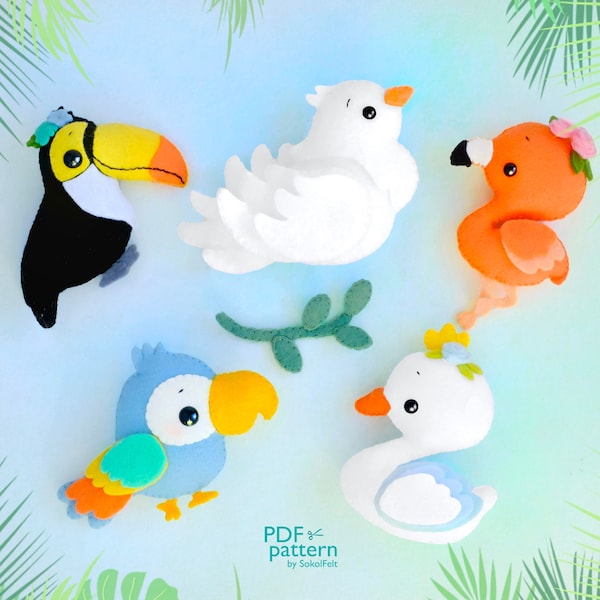 Oiseaux mignons en feutre, modèles PDF et SVG, perroquet, flamant rose, toucan, colombe et cygne, modèle de couture pour poupée oiseau en peluche, jouet mobile pour lit de bébé