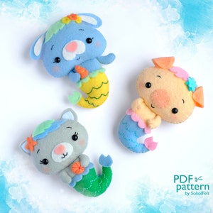 Cute animal mermaids felt toy PDF and SVG patterns, Bunny, Pig and Cat, Sea life digital sewing tutorial, Under the sea felt baby mobile