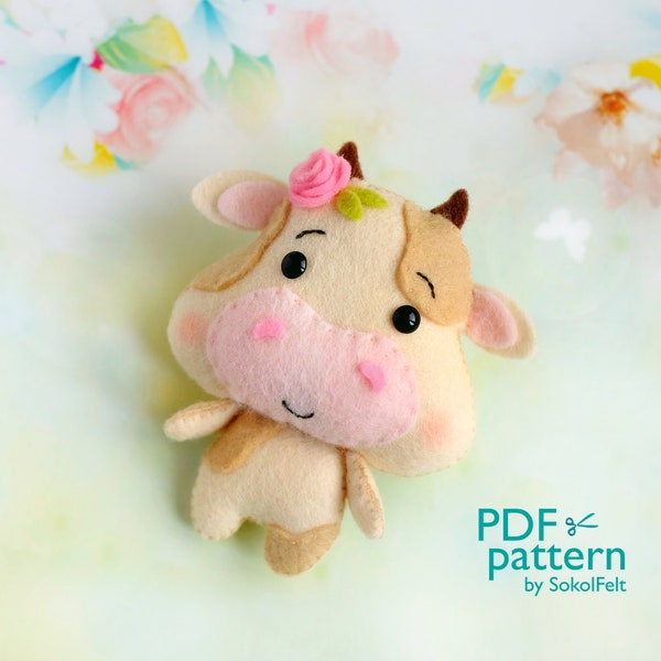 Felt baby cow toy sewing PDF and SVG patterns, Cute farm animal, Felt calf digital instant download tutorial, Baby crib mobile toy