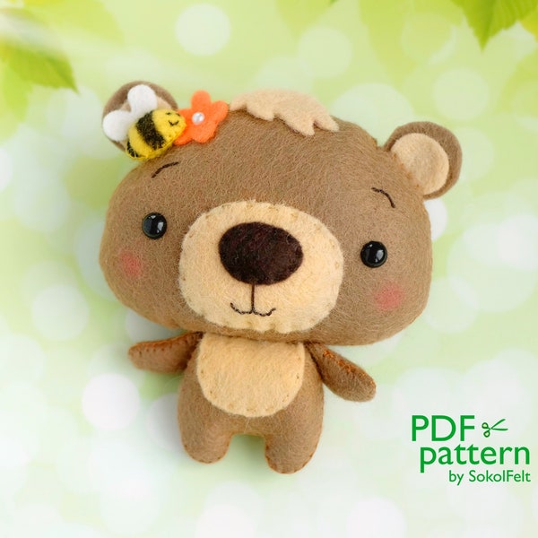 Baby Bear felt toy PDF and SVG patterns, Felt woodland animal cub toy sewing tutorial, Baby crib mobile toy, Teddy bear ornament