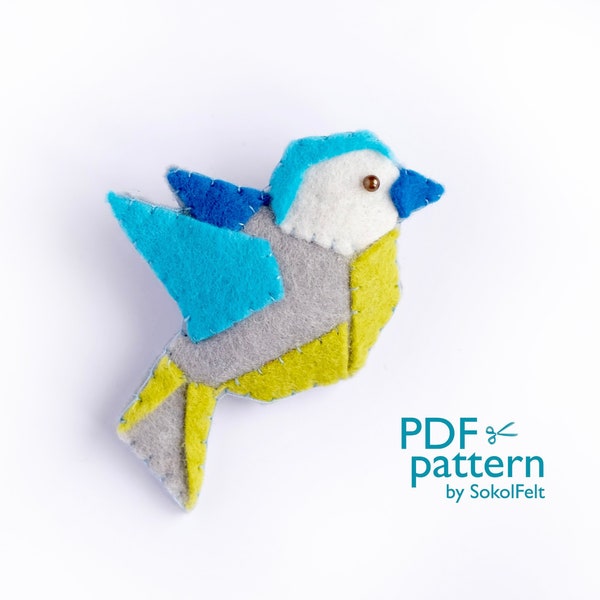 Felt bird sewing PDF pattern, Felt bird brooch, Origami bird ornament, DIY easy hand sewing bird tutorial, Lovebird, Tomtit, Titmouse
