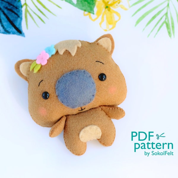 Baby wombat felt toy PDF and SVG patterns, Australian woodland animal sewing tutorial, baby crib mobile toy