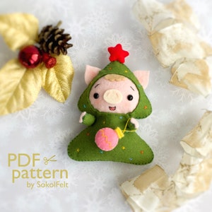 Christmas pig toy sewing PDF Pattern, Felt Christmas piglet in a tree costume ornament, Christmas tree toy, Baby crib mobile toy