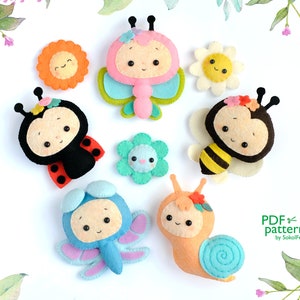 Little Bugs & Flowers Felt toy Sewing Patterns PDF SVG • Butterfly Bee Ladybug Dragonfly Snail • DIY Crib Mobile Felt Garland Decor