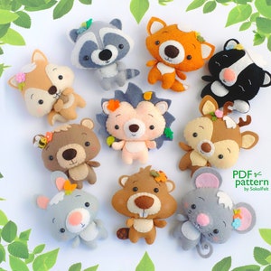 Set of 10 cute woodland animal felt toy sewing PDF and SVG patterns, Squirrel, Raccoon, Fox, Skunk, Bear, Hedgehog, Deer, Rabbit, Beaver