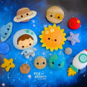DIY felt solar system PDF and SVG patterns, Planets, astronaut and spaceship felt toys, Space ornaments, baby crib mobile toy, Nursery decor