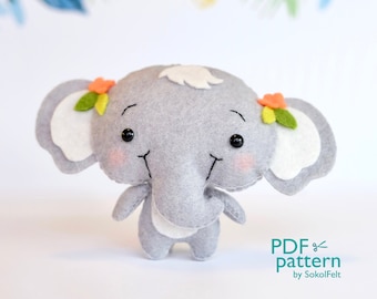 Elephant felt toy PDF and SVG patterns, Jungle safari baby animal toy sewing tutorial, African wild animal, felt baby crib mobile toy