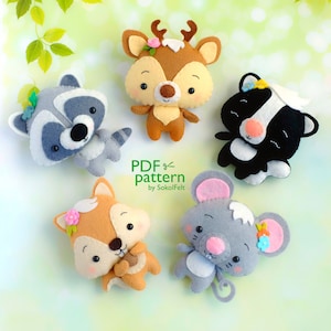 May include: Five felt animal plush toys: a deer, a raccoon, a skunk, a squirrel, and a mouse. Each animal has a flower on its head and is made in a cute cartoon style. The toys are all brown, grey, black, and white.