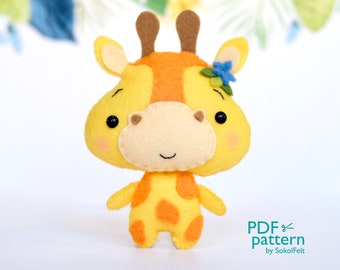 Baby giraffe felt toy PDF and SVG patterns, Jungle safari baby animal toy sewing tutorial, African wild animal, felt baby crib mobile toy