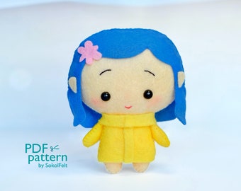 Felt Coraline toy PDF and SVG patterns, Cute doll sewing tutorial, Halloween ornament, Baby crib mobile toy