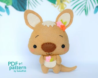 Little kangaroo felt toy sewing PDF and SVG patterns, Felt wallaby plush toy, Australian wild animals, Baby crib mobile toy