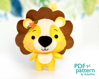 Baby lion felt toy sewing PDF and SVG patterns, African wild animals, Jungle safari animal tutorial, felt baby crib mobile toy