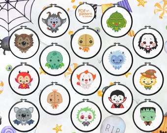 Set of 15 Halloween cross stitch patterns, Dracula, Frankenstein, Trick &#39;r Treat Sam, Voodoo doll and others, Embroidery for beginners